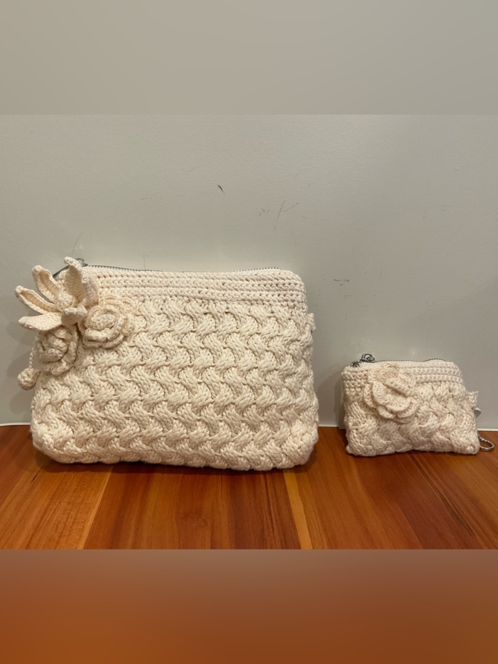Handmade Cream Crochet Floral Cosmetic Pouch Set